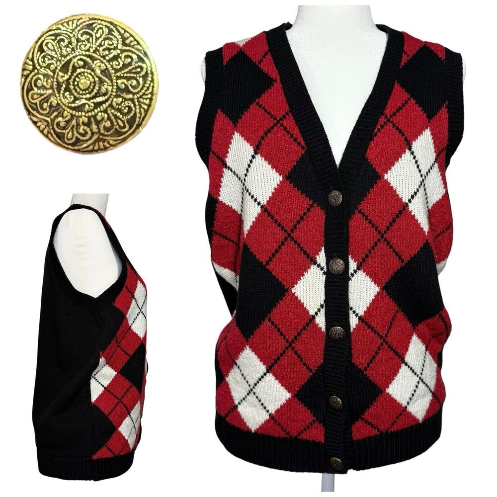 Vintage Alfred Dunner Vest S Argyle Sweater Gold Button Academia Preppy USA Made